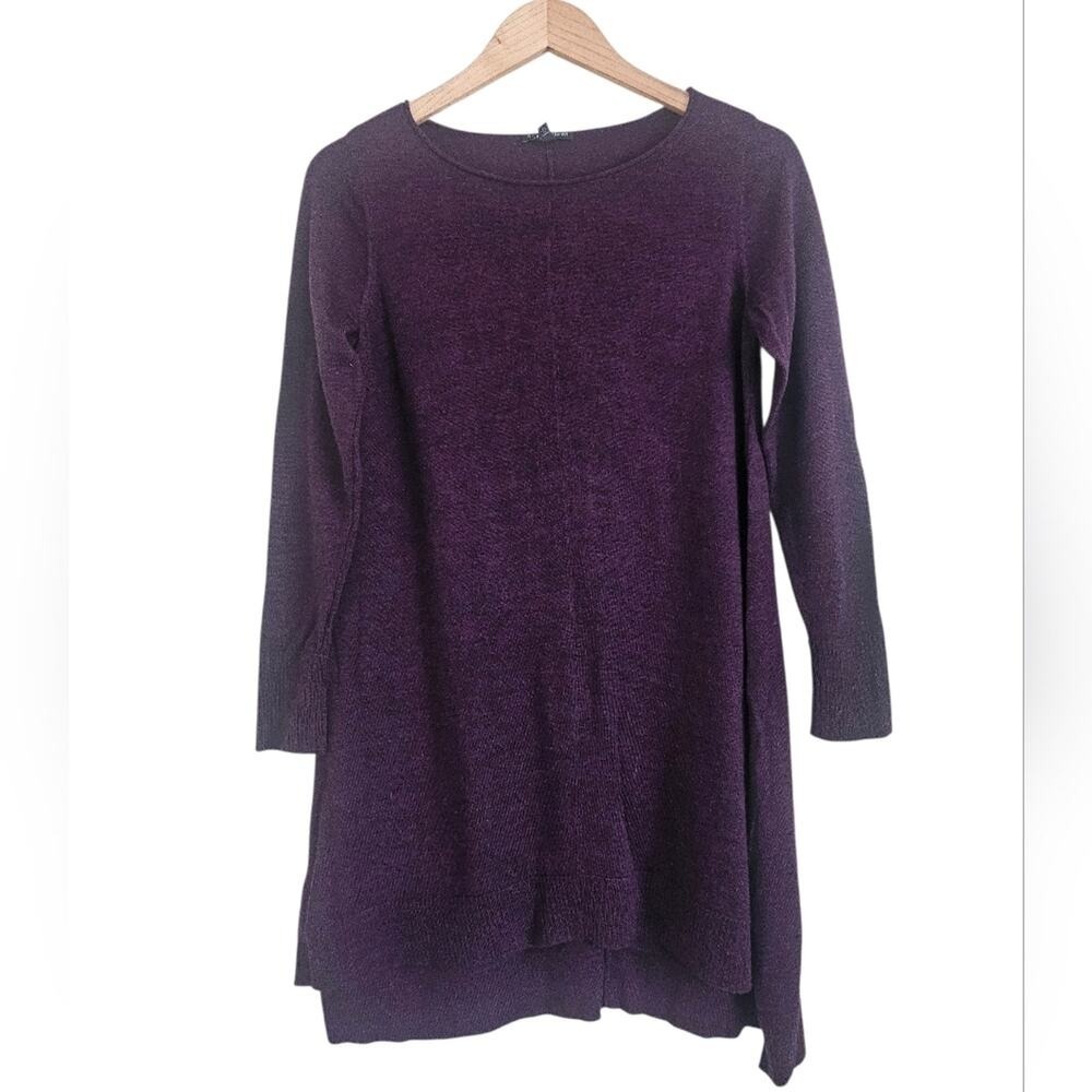 Eileen Fisher Plum Purple 100% Merino Wool Long Sleeve Tunic Sweater XS